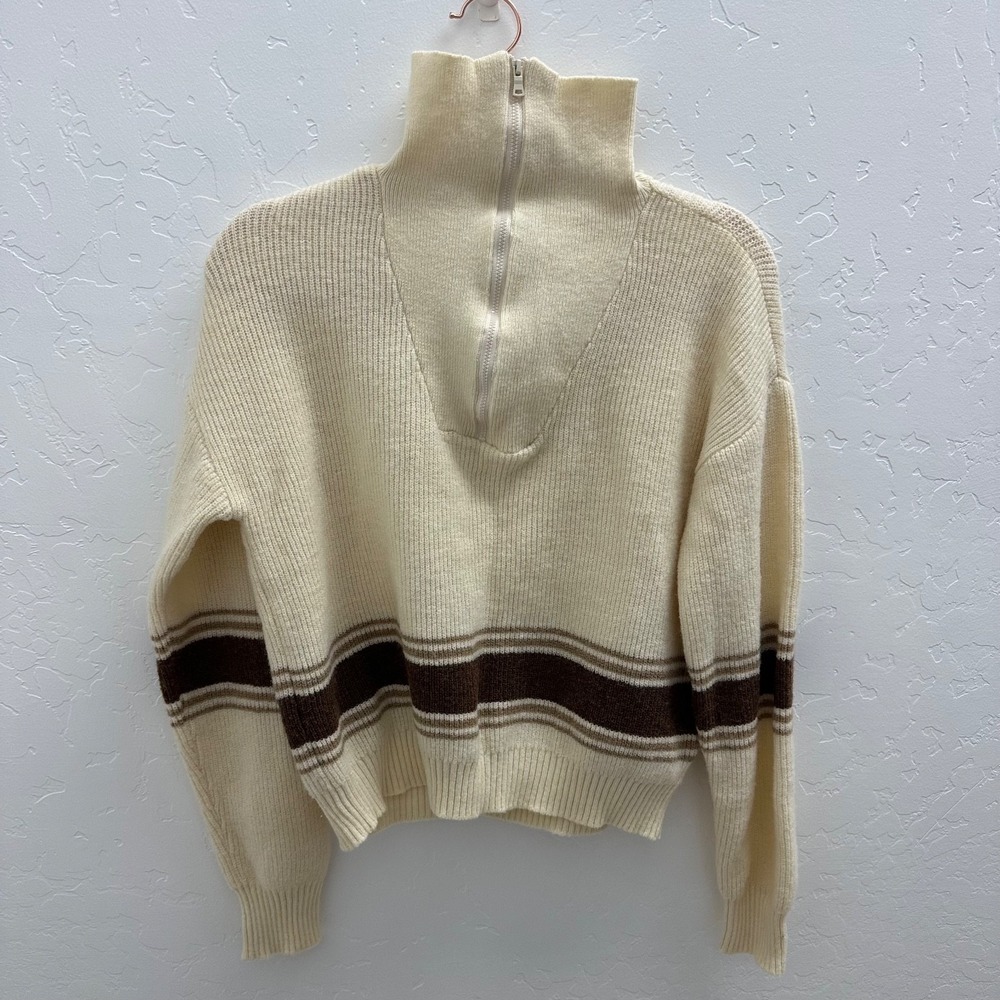 Witty Fox Vintage Style Quarter Zip Ribbed Knit Sweater Beige Brown Striped XL
